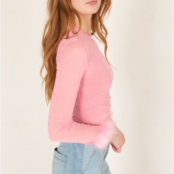 BEAR DANCE Long Sleeve Fur Trim Rhinestone Mesh Top Size Medium New - Picture 11 of 11